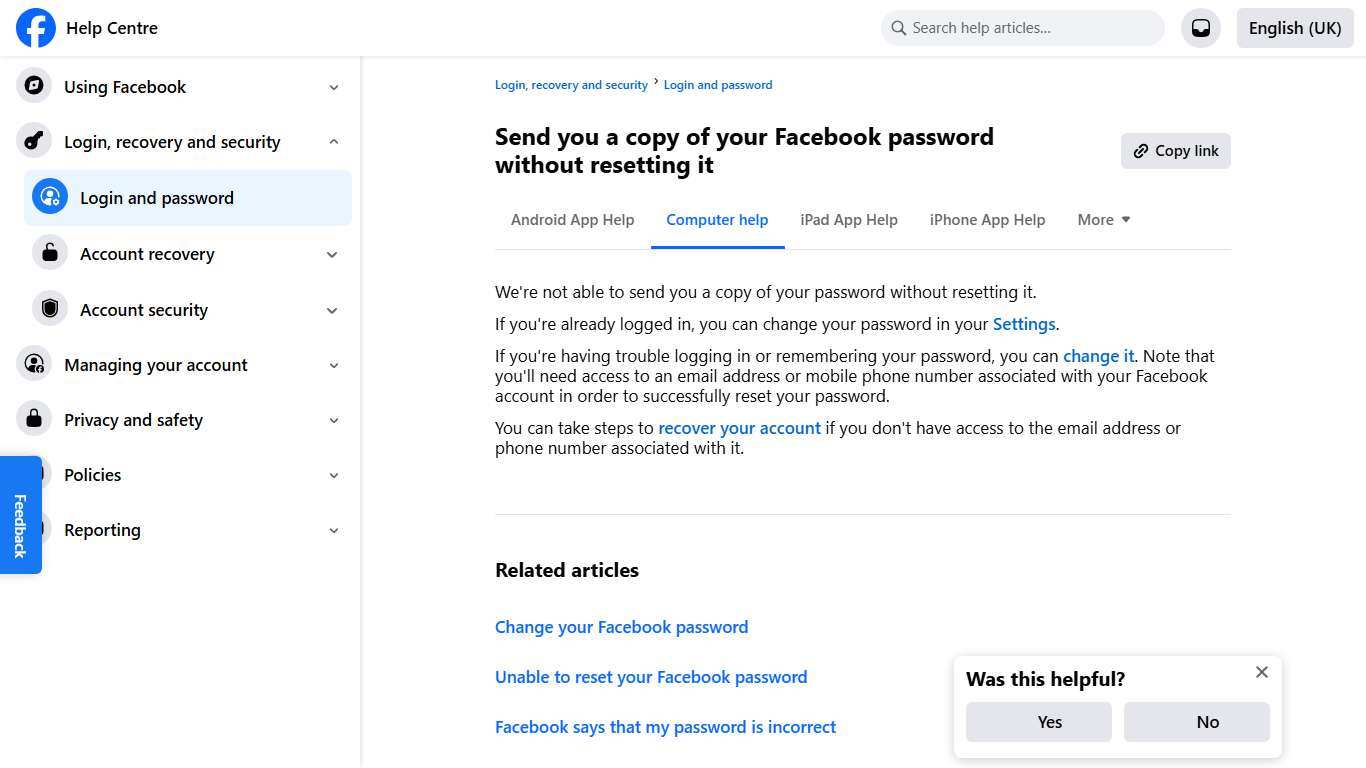 Send you a copy of your Facebook password without resetting it Facebook Help Centre