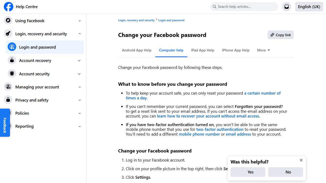 Change your Facebook password Facebook Help Centre